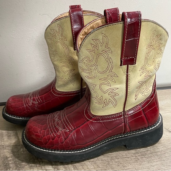 Women's ARIAT Red MOC CROC Beige Suede FAT BABY Western COWGIRL Cowboy BOOTS - Picture 2 of 7